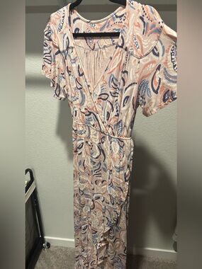 Floral Paisley Wrap Maternity Dress in Blush and Blue